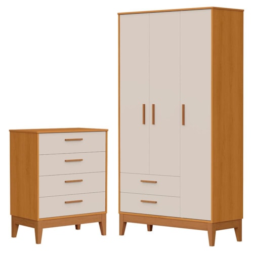 Jogo de Quarto Infantil Flip Guarda Roupa 3 Portas e Cômoda 4 Gavetas Areia Fosco/Savana - Reller Móveis