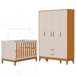 Jogo de Quarto Infantil Flip Guarda Roupa 4 Portas e Berço Americano Areia Fosco/Savana - Reller Móveis