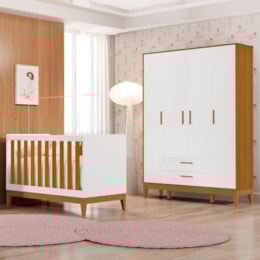 Jogo de Quarto Infantil Flip Guarda Roupa 4 Portas e Berço Americano Branco Fosco/Savana - Reller Móveis
