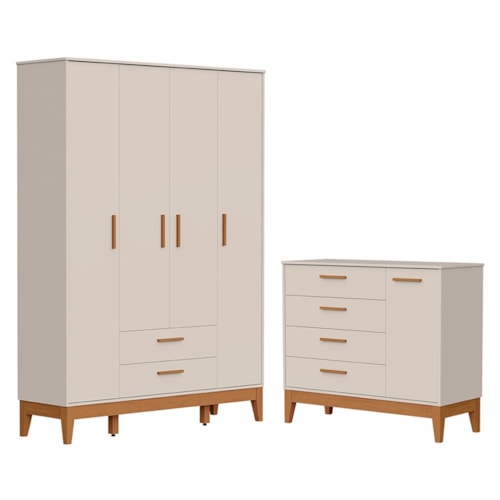 Jogo de Quarto Infantil Flip Guarda Roupa 4 Portas e Cômoda 1 Porta Areia Fosco - Reller Móveis