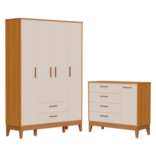 Jogo de Quarto Infantil Flip Guarda Roupa 4 Portas e Cômoda 1 Porta Areia Fosco/Savana - Reller Móveis