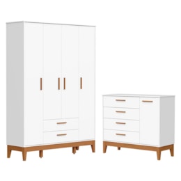 Jogo de Quarto Infantil Flip Guarda Roupa 4 Portas e Cômoda 1 Porta Branco Fosco - Reller Móveis