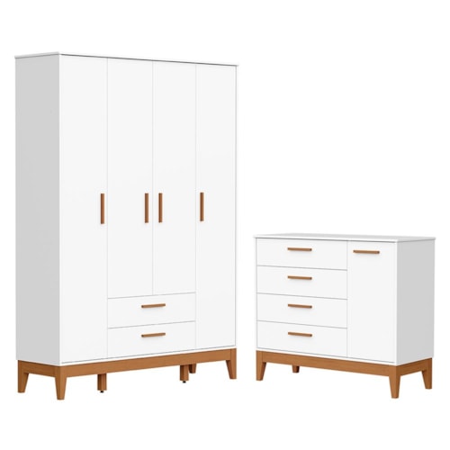 Jogo de Quarto Infantil Flip Guarda Roupa 4 Portas e Cômoda 1 Porta Branco Fosco - Reller Móveis