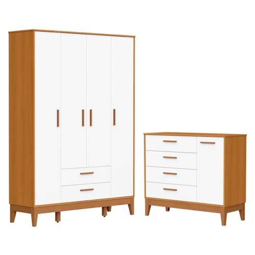 Jogo de Quarto Infantil Flip Guarda Roupa 4 Portas e Cômoda 1 Porta Branco Fosco/Savana - Reller Móveis