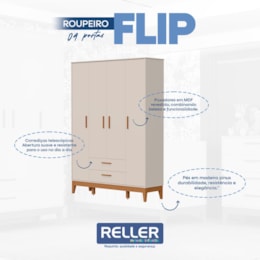 Jogo de Quarto Infantil Flip Guarda Roupa 4 Portas e Cômoda 4 Gavetas Areia Fosco - Reller Móveis