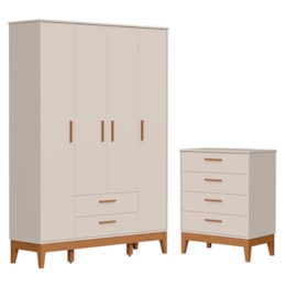 Jogo de Quarto Infantil Flip Guarda Roupa 4 Portas e Cômoda 4 Gavetas Areia Fosco - Reller Móveis