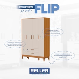 Jogo de Quarto Infantil Flip Guarda Roupa 4 Portas e Cômoda 4 Gavetas Areia Fosco/Savana - Reller Móveis