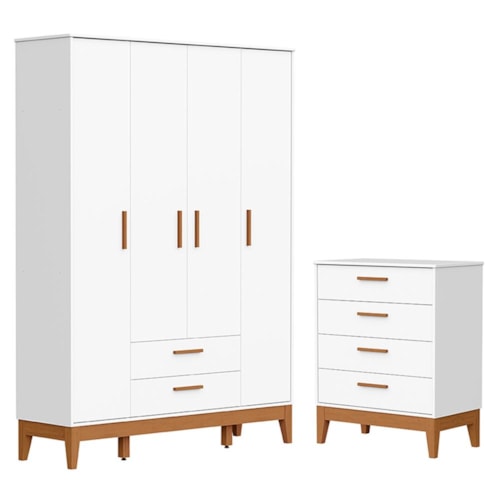 Jogo de Quarto Infantil Flip Guarda Roupa 4 Portas e Cômoda 4 Gavetas Branco Fosco - Reller Móveis