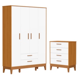 Jogo de Quarto Infantil Flip Guarda Roupa 4 Portas e Cômoda 4 Gavetas Branco Fosco/Savana - Reller Móveis