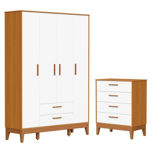 Jogo de Quarto Infantil Flip Guarda Roupa 4 Portas e Cômoda 4 Gavetas Branco Fosco/Savana - Reller Móveis