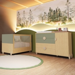 Jogo de Quarto Infantil Gracia Cômoda 1 Porta e Berço Americano Oliva/Naturale - Reller Móveis 