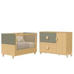 Jogo de Quarto Infantil Gracia Cômoda 1 Porta e Berço Americano Oliva/Naturale - Reller Móveis 