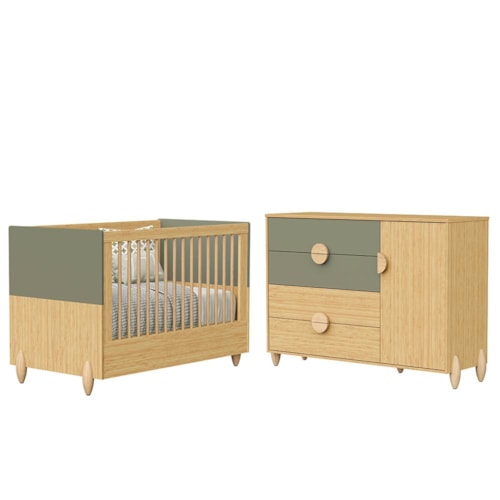 Jogo de Quarto Infantil Gracia Cômoda 1 Porta e Berço Americano Oliva/Naturale - Reller Móveis 