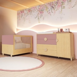 Jogo de Quarto Infantil Gracia Cômoda 1 Porta e Berço Americano Rosê/Naturale - Reller Móveis