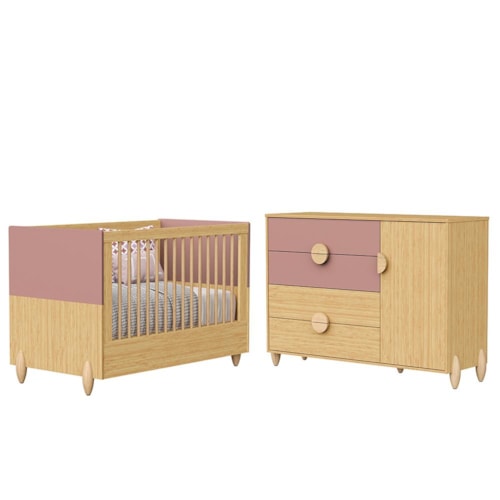 Jogo de Quarto Infantil Gracia Cômoda 1 Porta e Berço Americano Rosê/Naturale - Reller Móveis