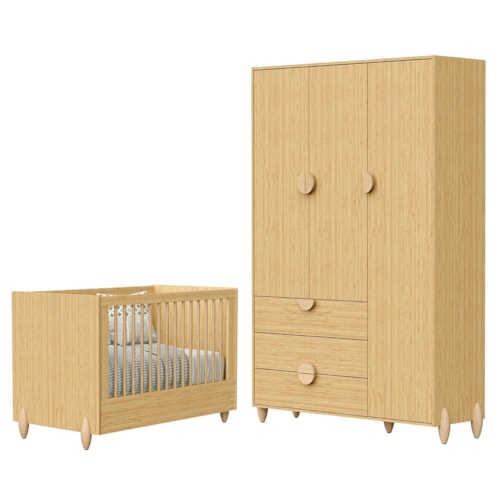 Jogo de Quarto Infantil Gracia Guarda Roupa 3 Portas e Berço Americano Naturale - Reller Móveis