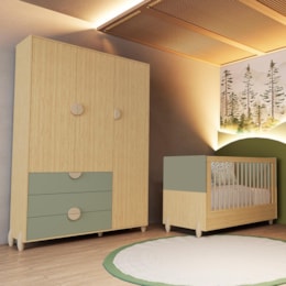 Jogo de Quarto Infantil Gracia Guarda Roupa 3 Portas e Berço Americano Oliva/Naturale - Reller Móveis
