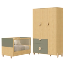 Jogo de Quarto Infantil Gracia Guarda Roupa 3 Portas e Berço Americano Oliva/Naturale - Reller Móveis