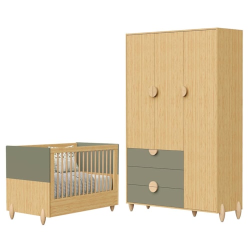 Jogo de Quarto Infantil Gracia Guarda Roupa 3 Portas e Berço Americano Oliva/Naturale - Reller Móveis