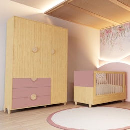 Jogo de Quarto Infantil Gracia Guarda Roupa 3 Portas e Berço Americano Rosê/Naturale - Reller Móveis