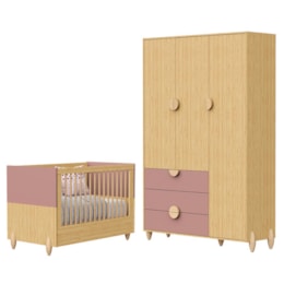 Jogo de Quarto Infantil Gracia Guarda Roupa 3 Portas e Berço Americano Rosê/Naturale - Reller Móveis