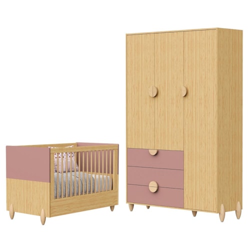 Jogo de Quarto Infantil Gracia Guarda Roupa 3 Portas e Berço Americano Rosê/Naturale - Reller Móveis