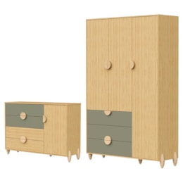 Jogo de Quarto Infantil Gracia Guarda Roupa 3 Portas e Cômoda 1 Porta Oliva/Naturale - Reller Móveis