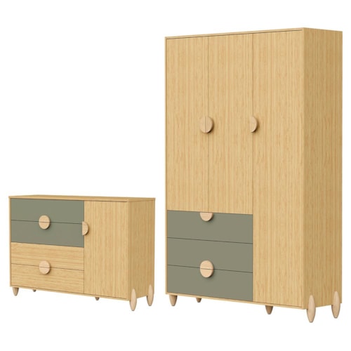 Jogo de Quarto Infantil Gracia Guarda Roupa 3 Portas e Cômoda 1 Porta Oliva/Naturale - Reller Móveis