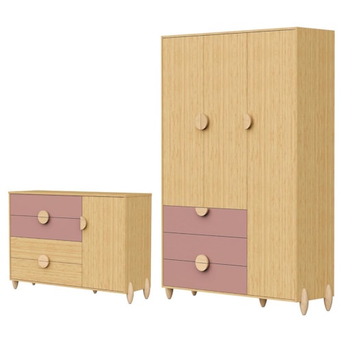 Jogo de Quarto Infantil Gracia Guarda Roupa 3 Portas e Cômoda 1 Porta Rosê/Naturale - Reller Móveis