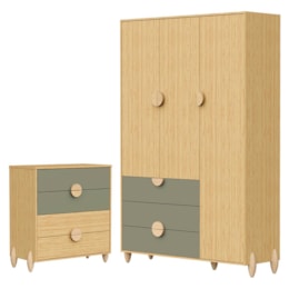 Jogo de Quarto Infantil Gracia Guarda Roupa 3 Portas e Cômoda 4 Gavetas Oliva/Naturale - Reller Móveis