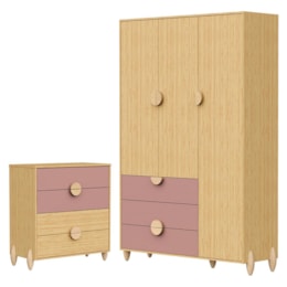 Jogo de Quarto Infantil Gracia Guarda Roupa 3 Portas e Cômoda 4 Gavetas Rosê/Naturale - Reller Móveis