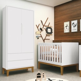 Jogo de Quarto Infantil Guarda Roupa 2 Portas e Berço Classic Branco Fosco com Pés Amadeirado - Reller Móveis Jogo de Quarto Infantil Guarda Roupa 2 Portas e Berço Classic Branco Fosco com Pés Amadeirado - Reller Móveis