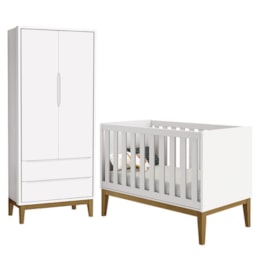 Jogo de Quarto Infantil Guarda Roupa 2 Portas e Berço Classic Branco Fosco com Pés Amadeirado - Reller Móveis Jogo de Quarto Infantil Guarda Roupa 2 Portas e Berço Classic Branco Fosco com Pés Amadeirado - Reller Móveis