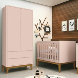 Jogo de Quarto Infantil Guarda Roupa 2 Portas e Berço Classic Rosa Fosco com Pés Amadeirado - Reller Móveis Jogo de Quarto Infantil Guarda Roupa 2 Portas e Berço Classic Rosa Fosco com Pés Amadeirado - Reller Móveis