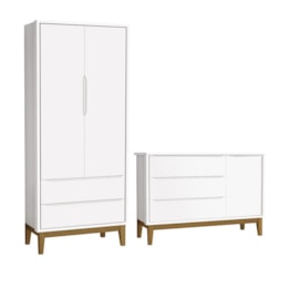 Jogo de Quarto Infantil Guarda Roupa 2 Portas e Cômoda 1 Porta Classic Branco Fosco com Pés Amadeirado - Reller Móveis Jogo de Quarto Infantil Guarda Roupa 2 Portas e Cômoda 1 Porta Classic Branco Fosco com Pés Amadeirado - Reller Móveis
