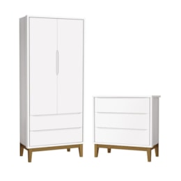 Jogo de Quarto Infantil Guarda Roupa 2 Portas e Cômoda 3 Gavetas Classic Branco Fosco com Pés Amadeirado - Reller Móveis Jogo de Quarto Infantil Guarda Roupa 2 Portas e Cômoda 3 Gavetas Classic Branco Fosco com Pés Amadeirado - Reller Móveis