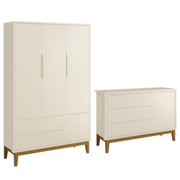 Jogo de Quarto Infantil Guarda Roupa 3 Portas e Cômoda 1 Porta Classic Areia Fosco com Pés Amadeirado - Reller Móveis Jogo de Quarto Infantil Guarda Roupa 3 Portas e Cômoda 1 Porta Classic Areia Fosco com Pés Amadeirado - Reller Móveis