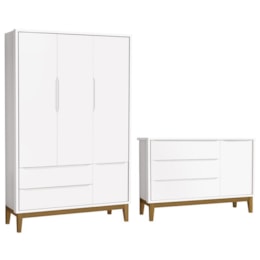 Jogo de Quarto Infantil Guarda Roupa 3 Portas e Cômoda 1 Porta Classic Branco Fosco com Pés Amadeirado - Reller Móveis Jogo de Quarto Infantil Guarda Roupa 3 Portas e Cômoda 1 Porta Classic Branco Fosco com Pés Amadeirado - Reller Móveis