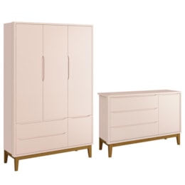 Jogo de Quarto Infantil Guarda Roupa 3 Portas e Cômoda 1 Porta Classic Rosa Fosco com Pés Amadeirado - Reller Móveis Jogo de Quarto Infantil Guarda Roupa 3 Portas e Cômoda 1 Porta Classic Rosa Fosco com Pés Amadeirado - Reller Móveis