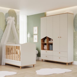 Jogo de Quarto Infantil Guarda Roupa Casinha e Berço Americano Mimo Off White/Nature - Permóbili Baby