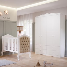 Jogo de Quarto Infantil Guarda Roupa Encanto e Berço Harmonia Branco com Capitonê - Permóbili Baby  Jogo de Quarto Infantil Guarda Roupa Encanto e Berço Harmonia Branco com Capitonê - Permóbili Baby