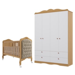 Jogo de Quarto Infantil Guarda Roupa Encanto e Berço Harmonia Nature/Branco com Capitonê - Permóbili Baby Jogo de Quarto Infantil Guarda Roupa Encanto e Berço Harmonia Nature/Branco com Capitonê - Permóbili Baby