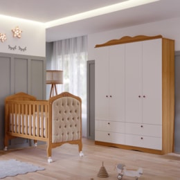 Jogo de Quarto Infantil Guarda Roupa Encanto e Berço Harmonia Nature/Branco com Capitonê - Permóbili Baby Jogo de Quarto Infantil Guarda Roupa Encanto e Berço Harmonia Nature/Branco com Capitonê - Permóbili Baby