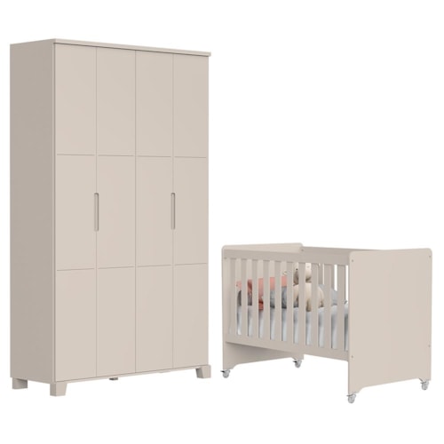 Jogo de Quarto Infantil Guarda Roupa Luna 4 Portas e Berço Evolution Areia Fosco - Reller Móveis