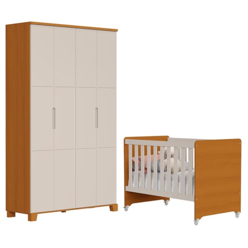 Jogo de Quarto Infantil Guarda Roupa Luna 4 Portas e Berço Evolution Areia Fosco/Savana - Reller Móveis