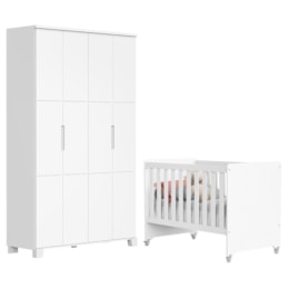 Jogo de Quarto Infantil Guarda Roupa Luna 4 Portas e Berço Evolution Branco Fosco - Reller Móveis