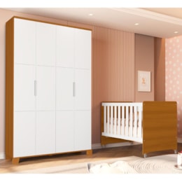 Jogo de Quarto Infantil Guarda Roupa Luna 4 Portas e Berço Evolution Branco Fosco/Savana - Reller Móveis
