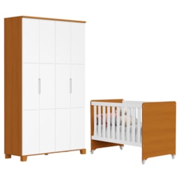 Jogo de Quarto Infantil Guarda Roupa Luna 4 Portas e Berço Evolution Branco Fosco/Savana - Reller Móveis