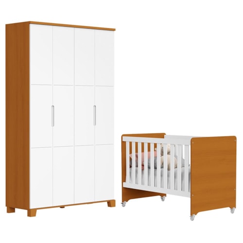 Jogo de Quarto Infantil Guarda Roupa Luna 4 Portas e Berço Evolution Branco Fosco/Savana - Reller Móveis