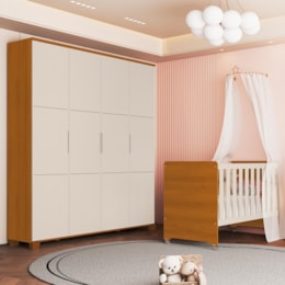 Jogo de Quarto Infantil Guarda Roupa Luna Max 4 Portas e Berço Evolution Areia Fosco/Savana - Reller Móveis